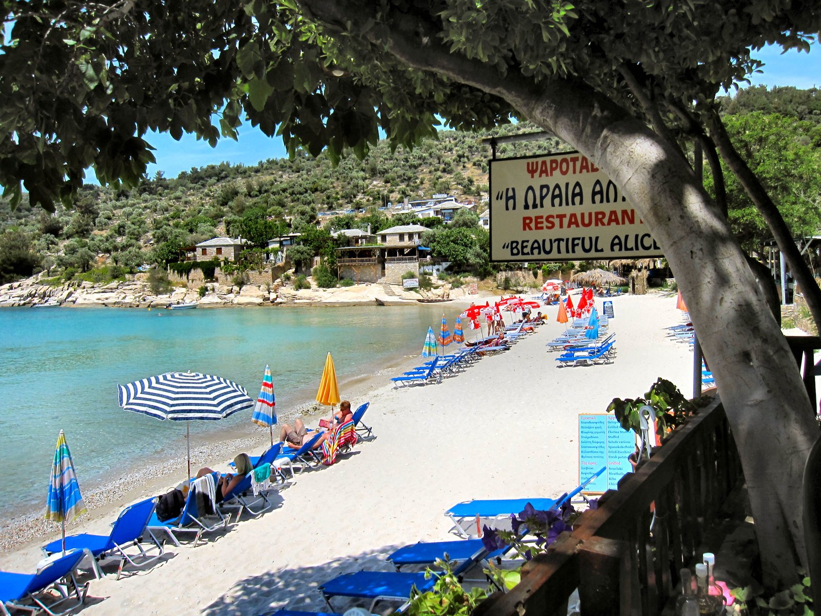 Aliki Beach in Thassos with turquoise water and sunbeds