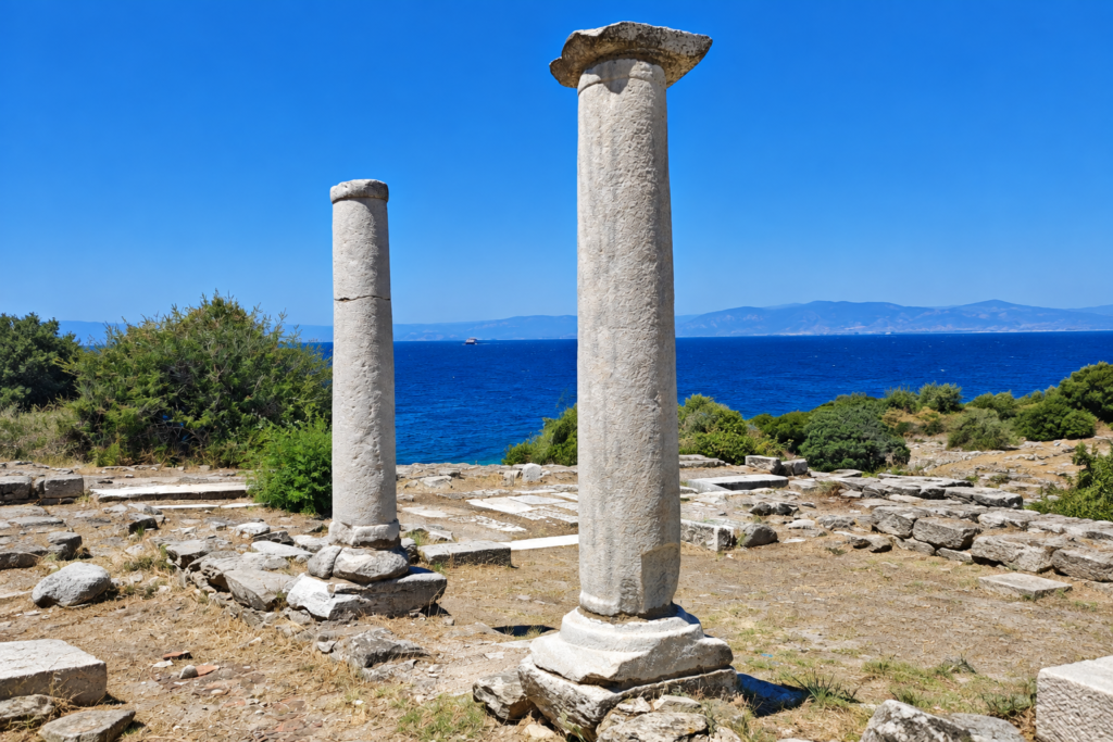 Ancient stone columns by the sea in Limenas, Thassos