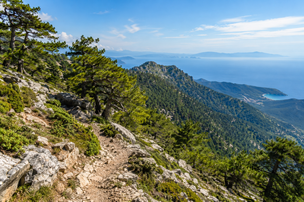 Mountain trail and panoramic Aegean view from Mount Ipsarion in Thassos