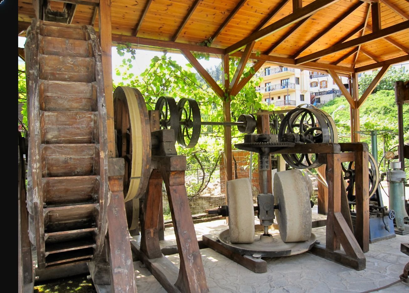 Traditional olive pressing machinery in Thassos