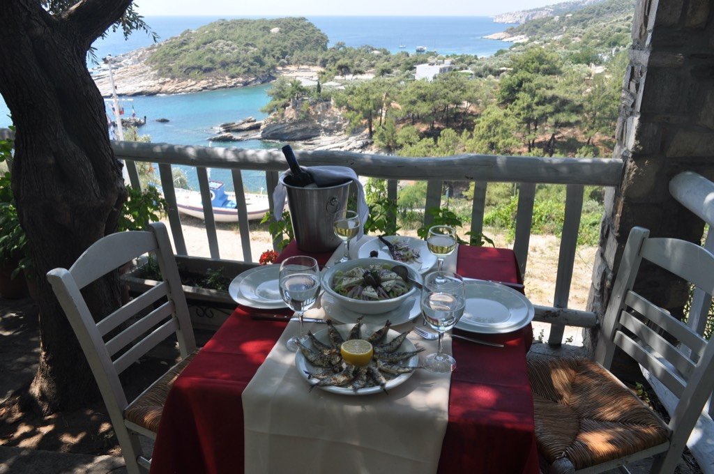 Terrace tables and sea view at Archodissa near Aliki